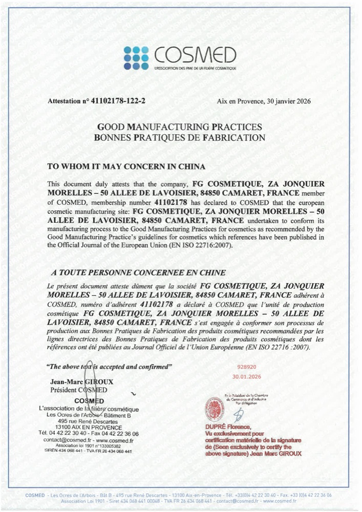 Attestation COSMED BPF GMP FG COSMETIQUE 2026